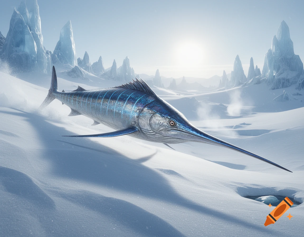 A photorealistic swordfish-reptile creature glides through a snowy, icy landscape with sharp ice formations under a bright sun.