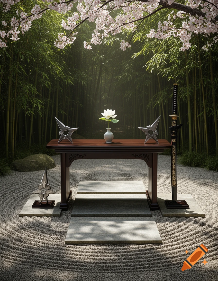 A serene Japanese garden with a wooden table, a lotus flower, shurikens, and a katana, all under cherry blossoms and bamboo.