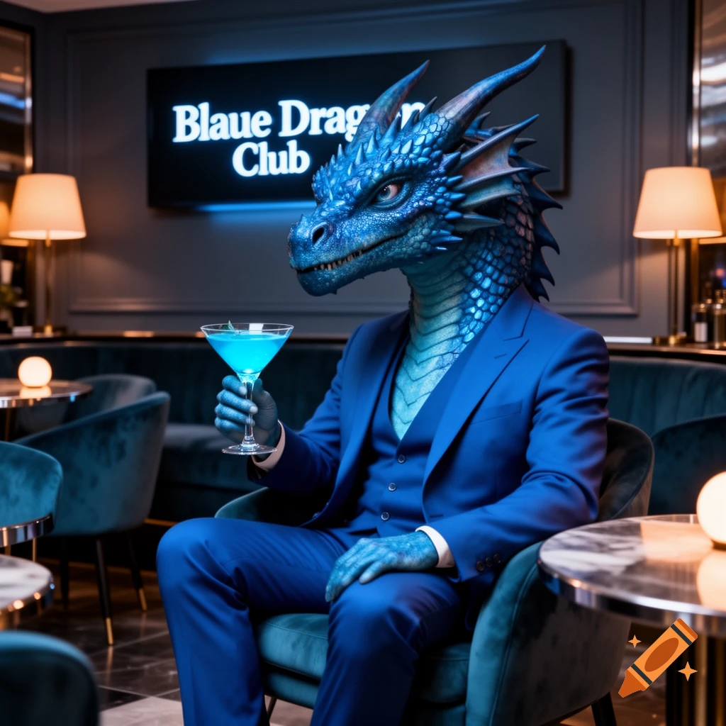 A blue-scaled anthropomorphic dragon in a blue suit sips a blue cocktail in a dimly lit 'Blaue Dragon Club' bar.