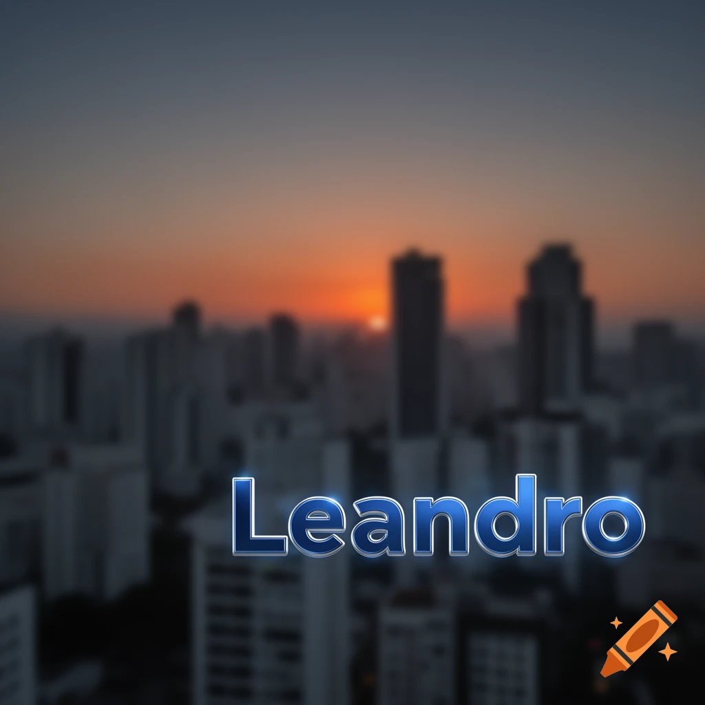 The name Leandro in blue metallic text over a blurred cityscape at sunset.