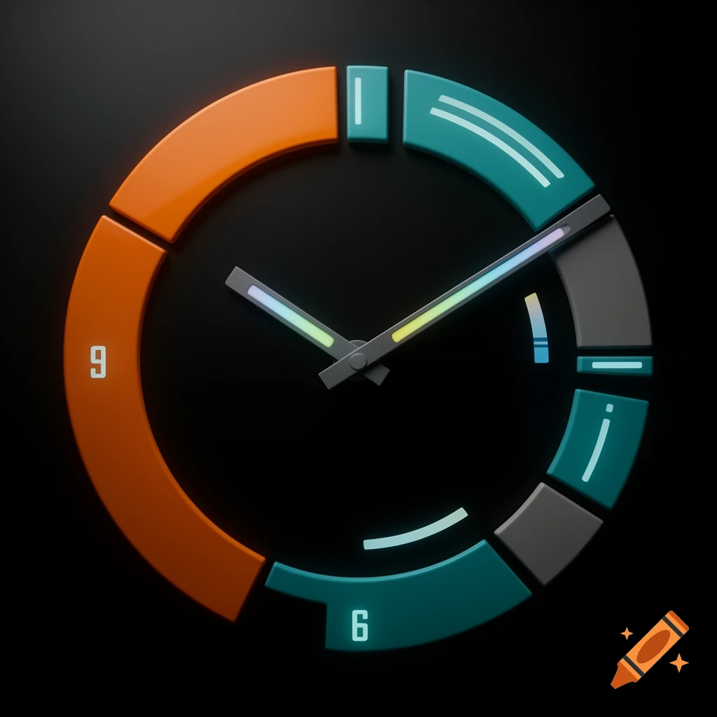 A futuristic, abstract clock face with orange and teal segments, glowing hands, and numbers on a black background.