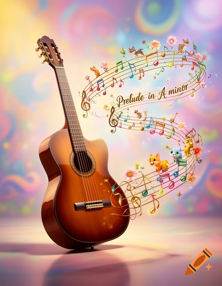 An acoustic guitar with musical notes, whimsical cartoon animals, and flowers spiraling around it against a soft, colorful background. Text reads 'Prelude in A minor'.