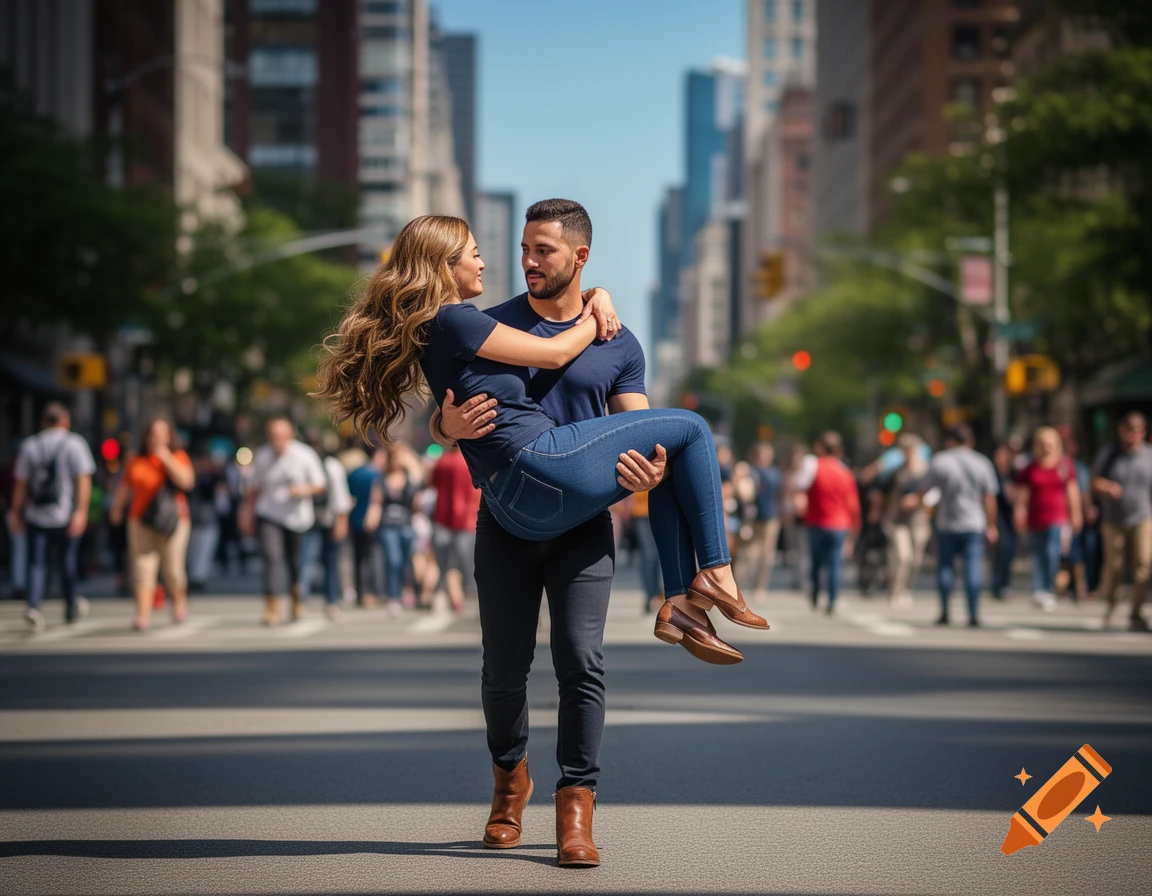 A man carries a woman through a sunny city street with blurred buildings and pedestrians in the background.