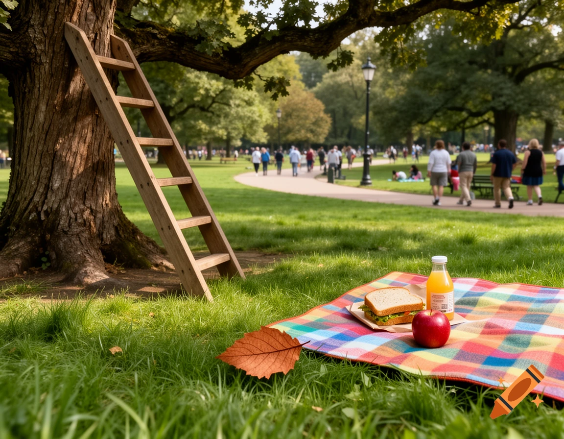 A photorealistic image of a ladder leaning on a tree, a picnic with a sandwich, juice, and apple on a blanket, and a leaf in a sunny park.