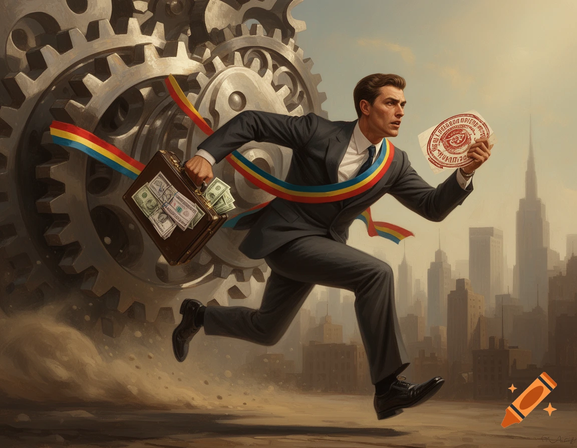Elegant man in a suit runs desperately with a money-filled briefcase and a large stamp, giant gears behind him, city skyline in background.