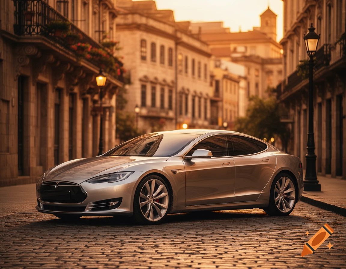 A silver Tesla Model S parked on a cobblestone street in an old European city during golden hour.