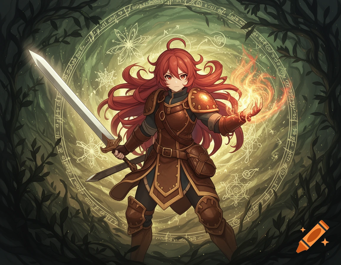 Red-haired anime warrior in armor holding a glowing sword and casting fire magic in a mystical forest.