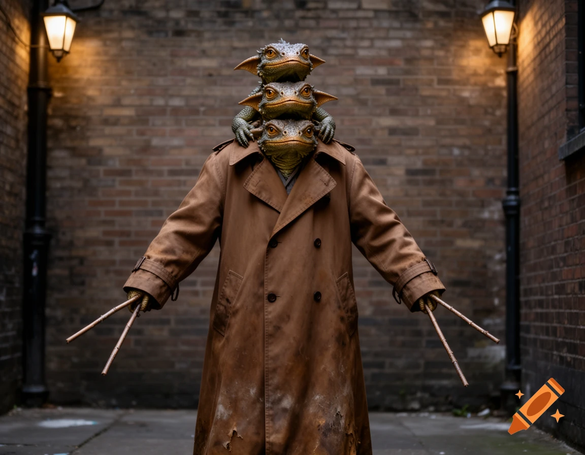 Three lizard-like creatures stacked on top of each other, wearing a trench coat and holding sticks in place of hands, in a dark alleyway with streetlights.
