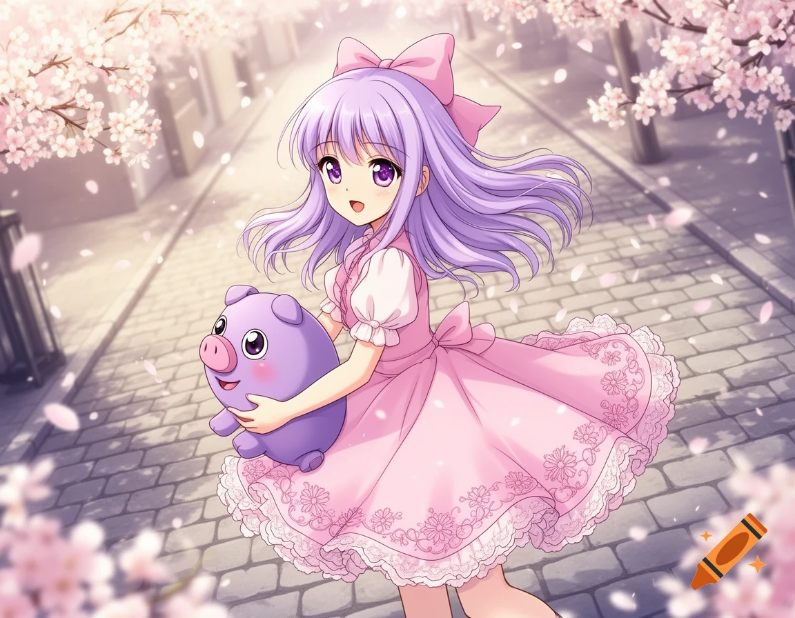 A cute anime girl with purple hair and a pink dress holds a purple pig plushie on a cherry blossom-lined cobblestone street.
