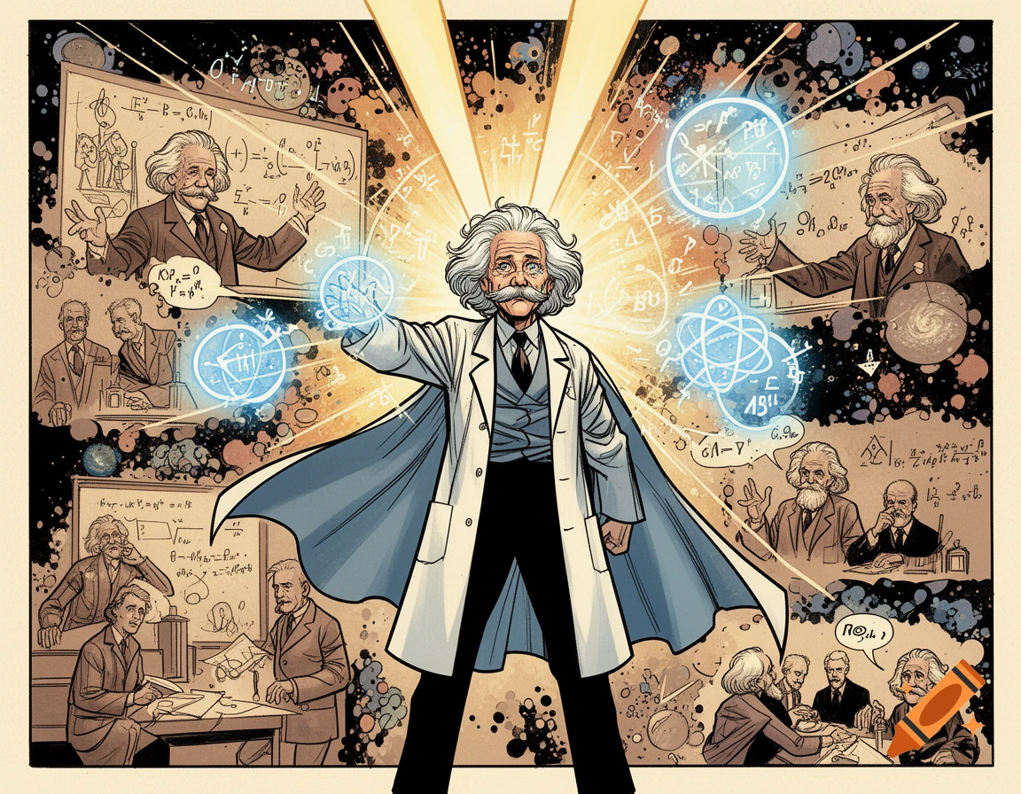A comic book style illustration of Albert Einstein as a superhero in a lab coat and cape, surrounded by glowing scientific equations and scenes from his life.