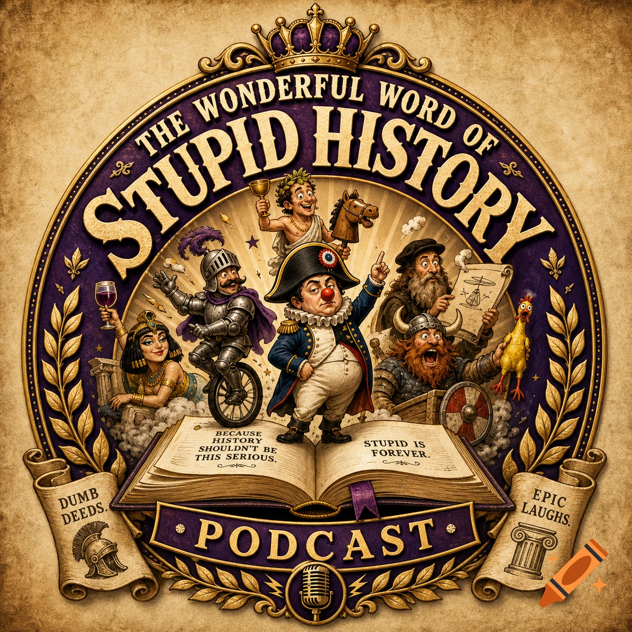 A vibrant cartoon logo for 'The Wonderful Word of Stupid History Podcast' featuring historical figures like a knight, Cleopatra, Napoleon, and a Viking.
