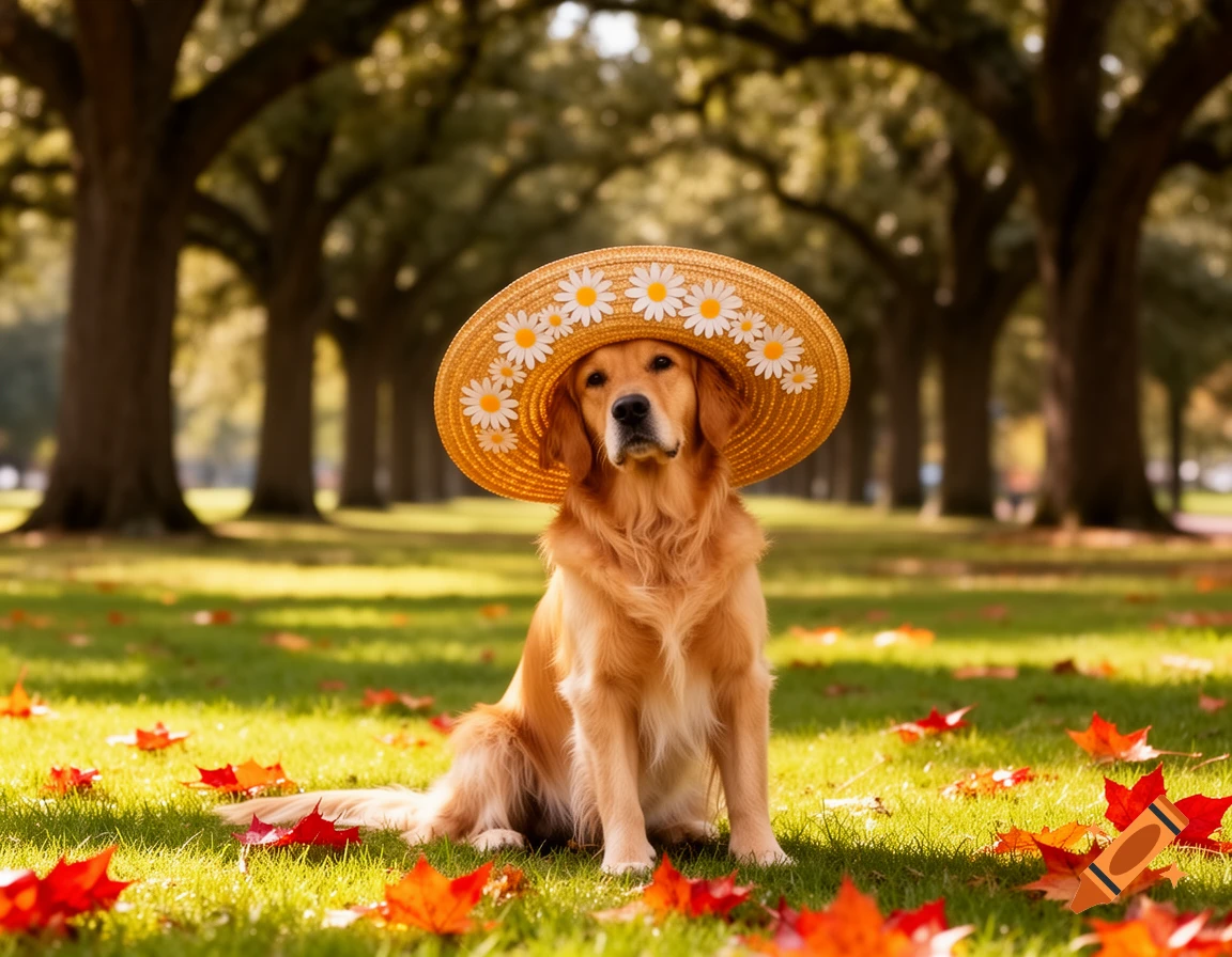 A golden retriever dog sits on a grassy lawn with red autumn leaves, wearing a straw hat with white daisy flowers. Photorealistic.
