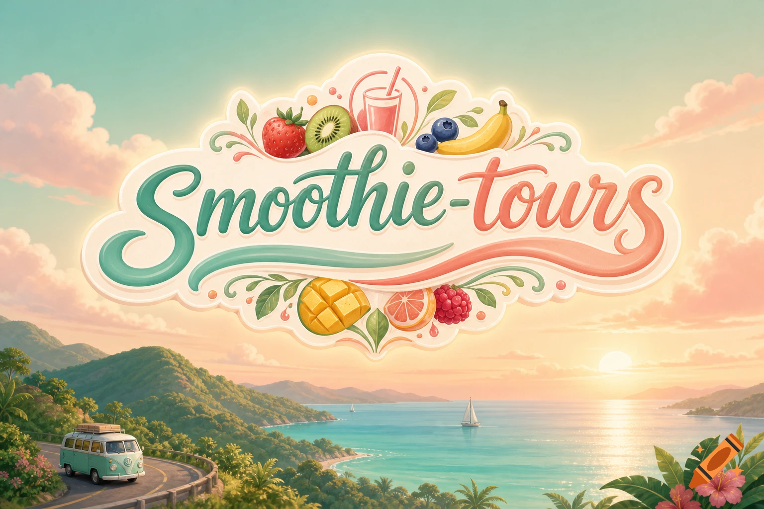 Vibrant 'Smoothie-tours' logo with fruits, set above a tropical coastal road, a camper van, and sailboats at sunset, art style.