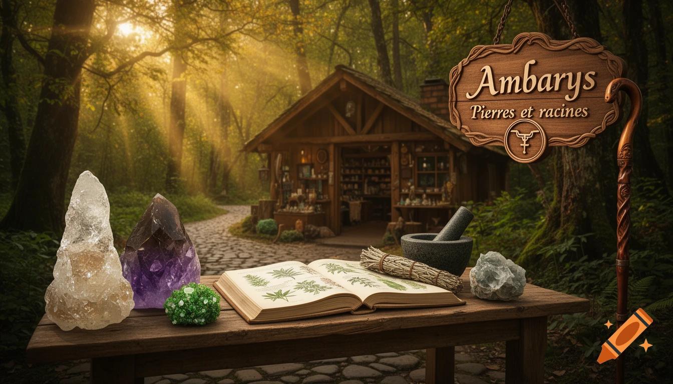 Sunlit fantasy forest shop 'Ambarys Pierres et racines' with an open botany book, crystals, and mortar on a rustic table.