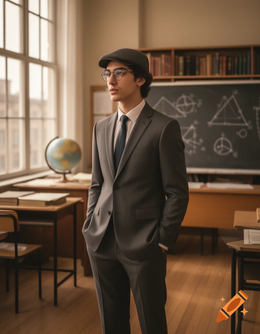 A young man in a grey suit, dark tie, round glasses, and a flat cap stands with hands in pockets in a sunlit classroom with a blackboard and globe.