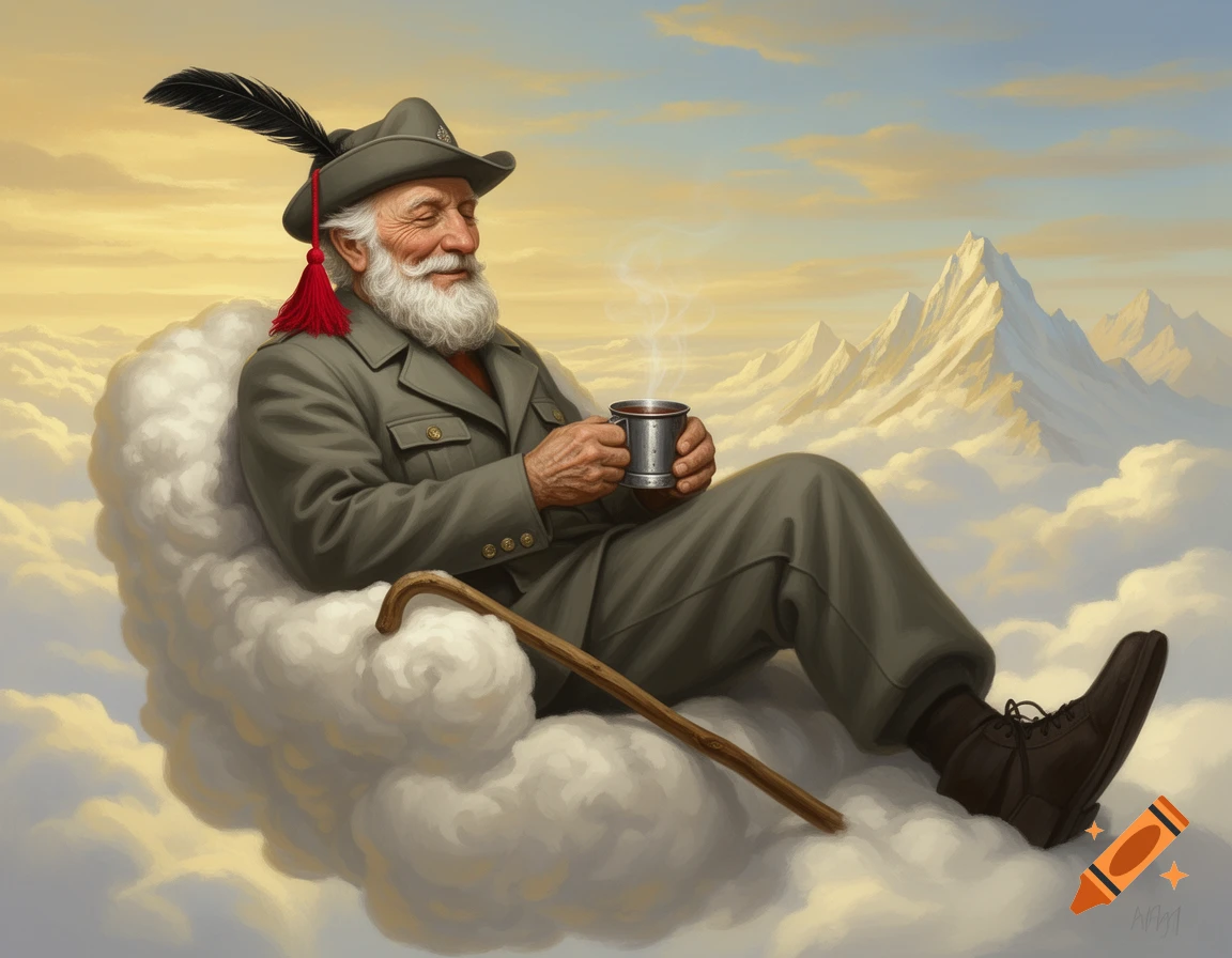 An old man with a white beard, wearing an alpine hat and uniform, sits peacefully on a fluffy cloud, holding a steaming metal mug, with snow-capped mountains in the background under a golden sky.