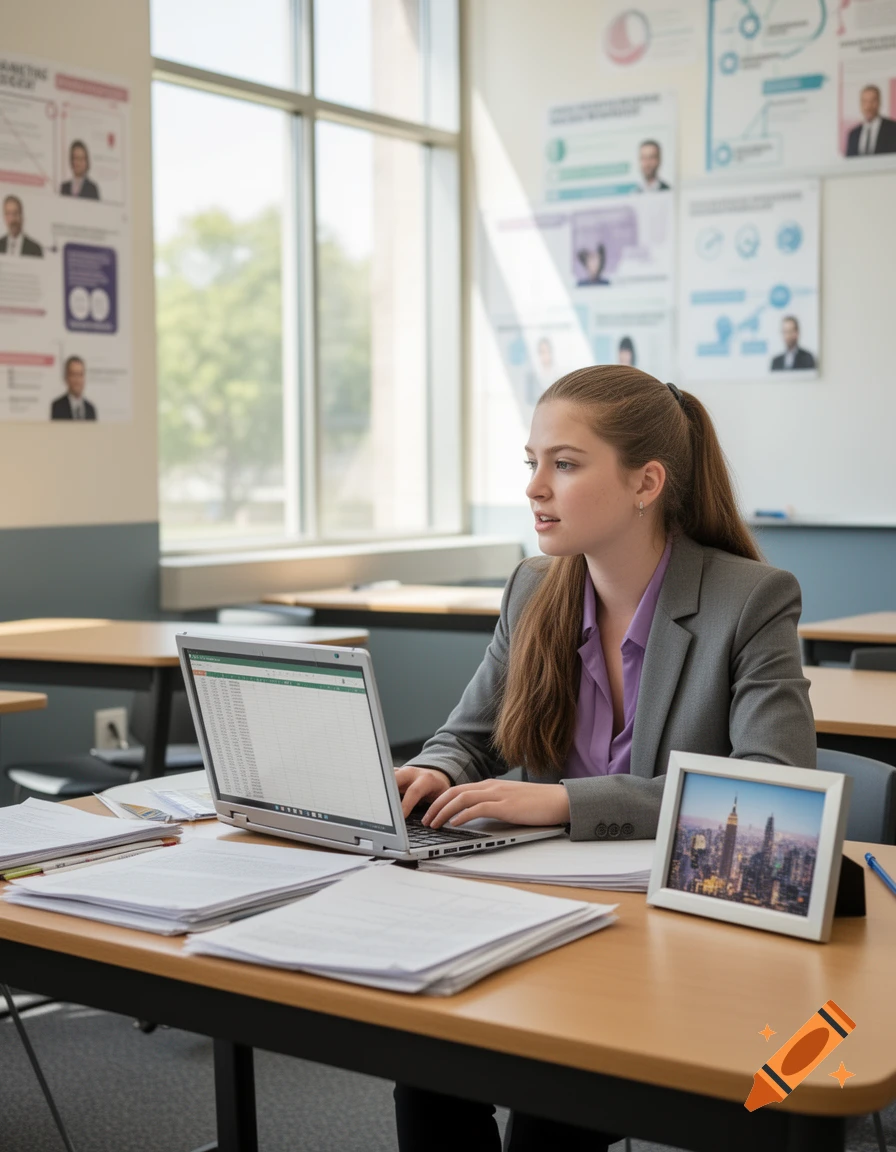 A young woman in a gray suit and purple shirt works on a laptop at a desk in a brightly lit classroom or office.