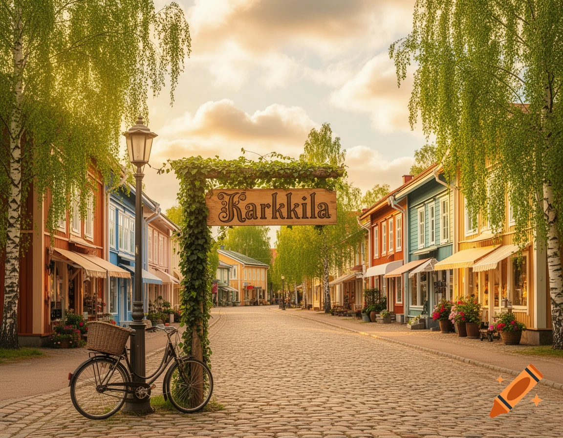 A picturesque cobblestone street in Karkkila with colorful houses, lush trees, a bicycle, and a lamppost under warm sunset light.