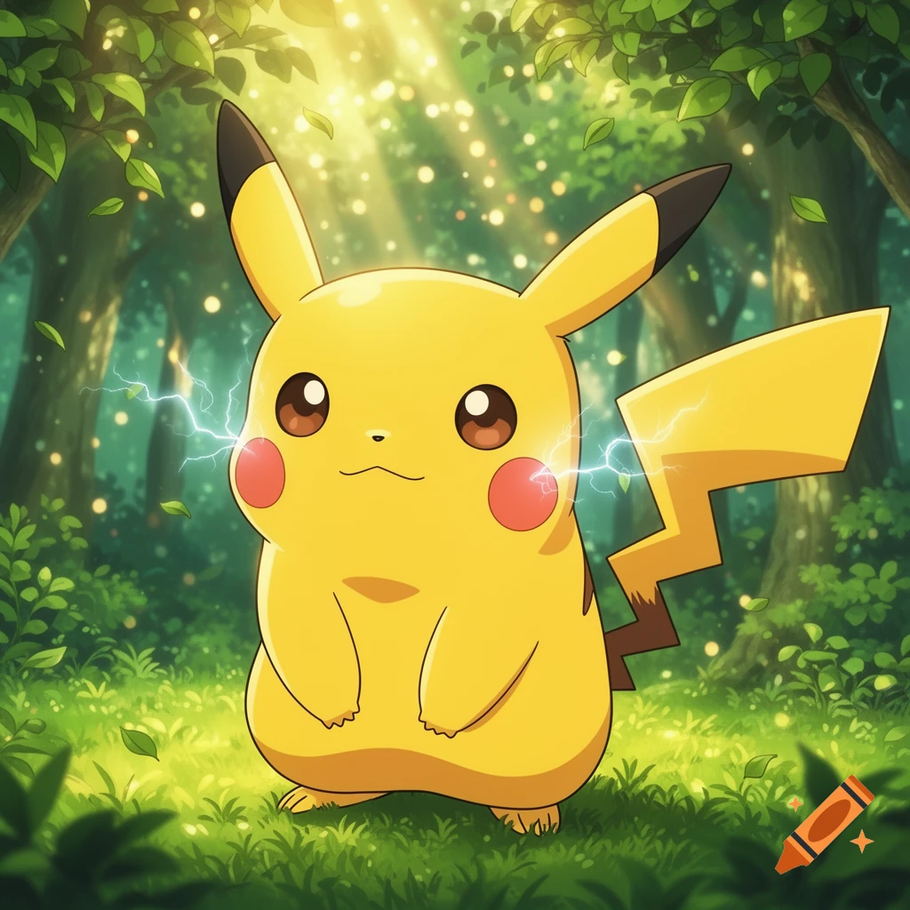 Pikachu stands in a magical forest, surrounded by sunbeams and glowing particles, with lightning arcs around its cheeks.