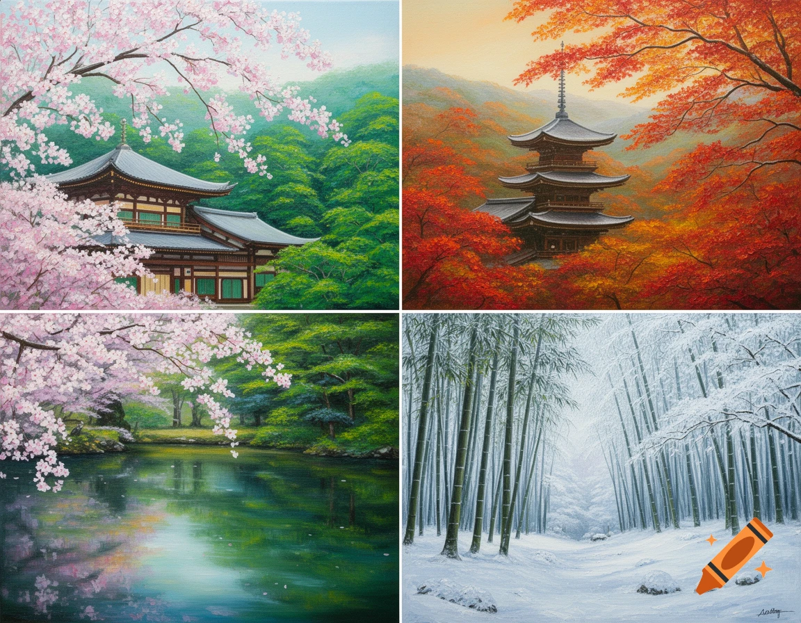 Four oil paintings depicting Kyoto's seasons: spring cherry blossoms and temple, autumn pagoda and maples, spring pond, and snowy bamboo forest.