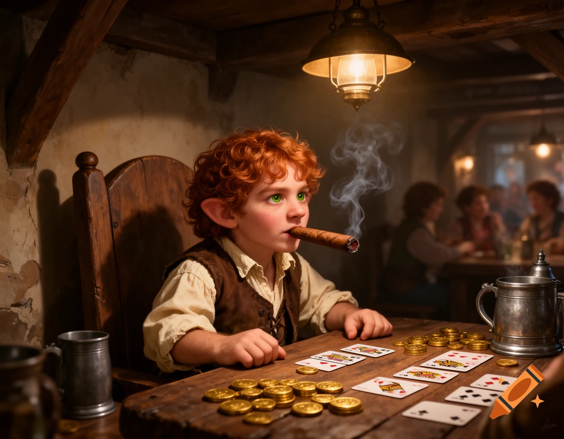A young halfling with red curly hair and pointed ears sits at a wooden table in a dimly lit tavern, smoking a cigar and playing cards with gold coins stacked around him. The scene is photorealistic.