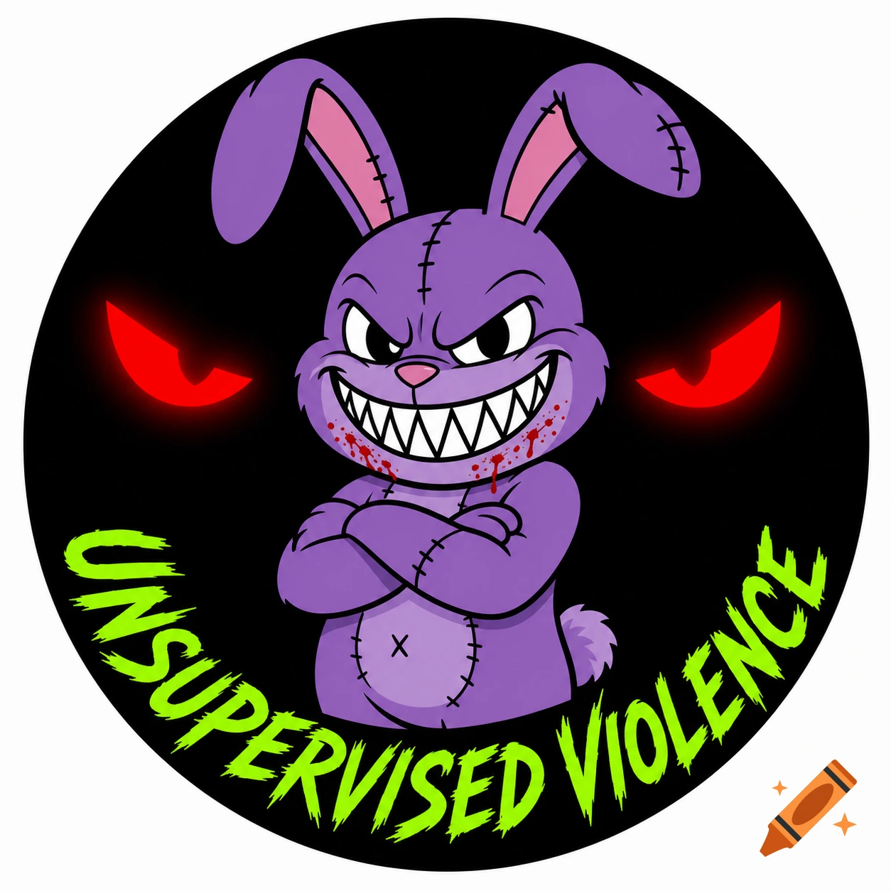 A purple cartoon bunny with sharp teeth, blood on its chin, and glowing red eyes, set within a black circle with 'UNSUPERVISED VIOLENCE' text.