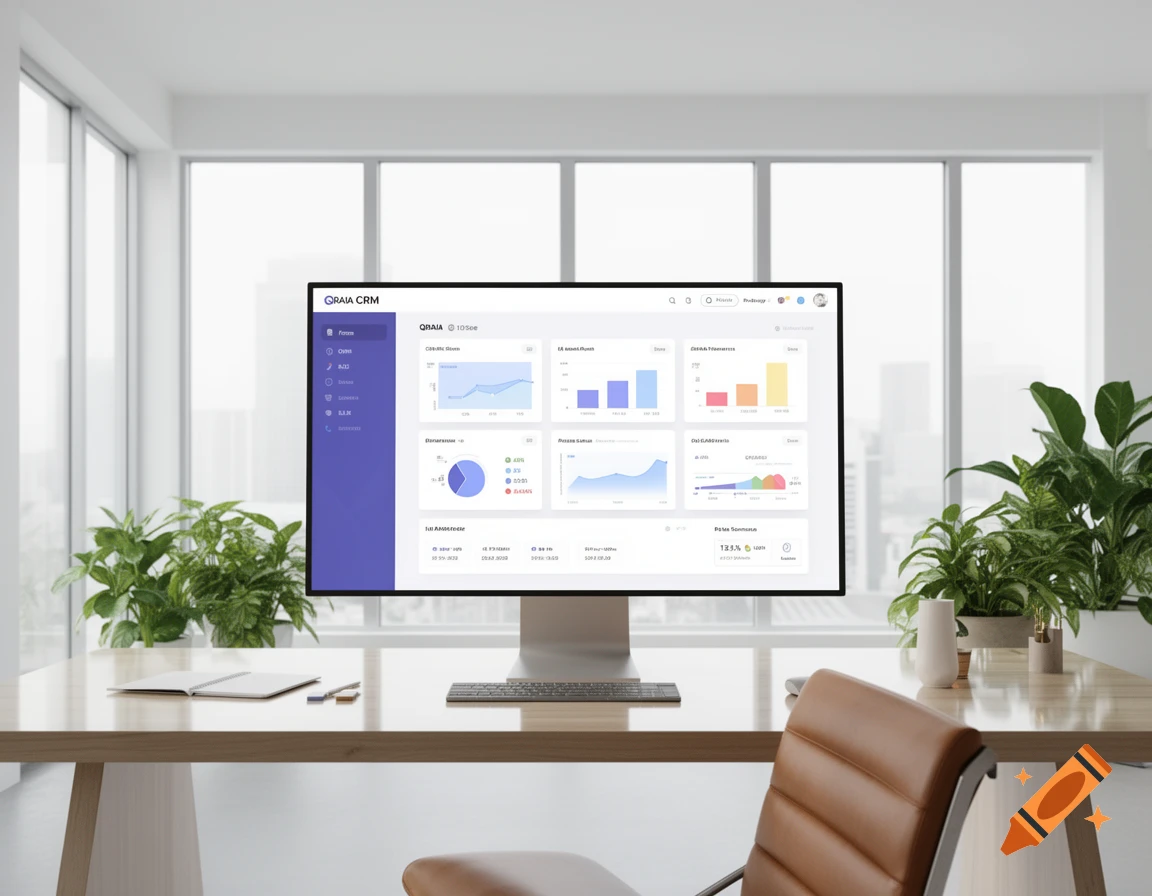 A computer monitor showing a CRM dashboard on a light wood office desk with potted plants, in a modern office.