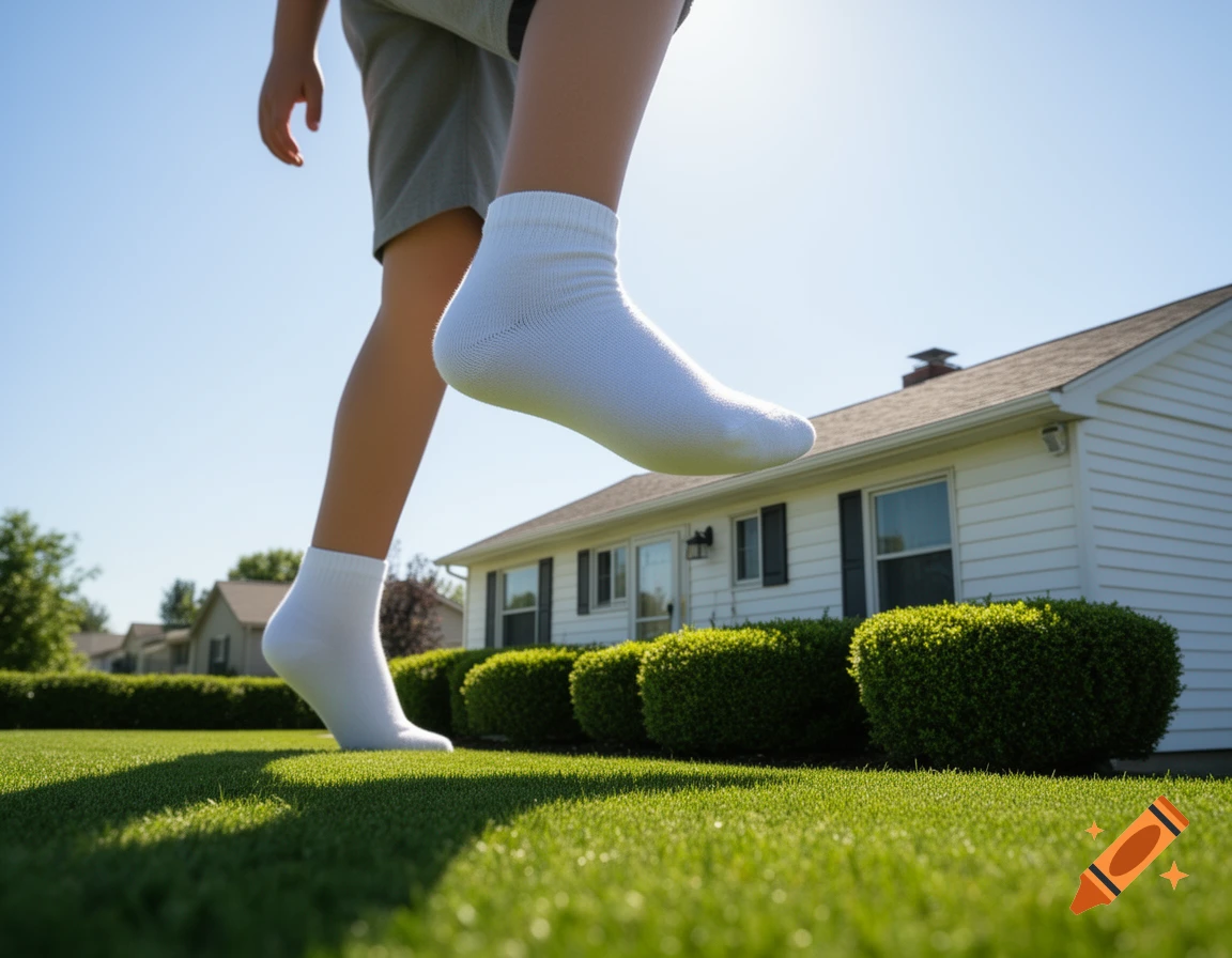 Low-angle shot of a person in white socks stepping over a suburban house on a sunny day with a green lawn.