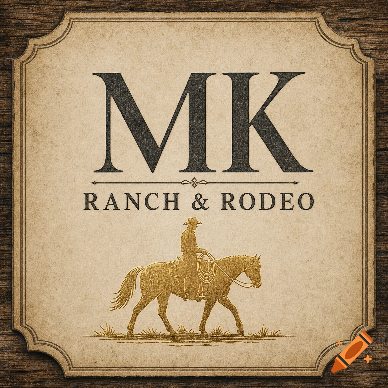 Vintage-style logo for 'MK Ranch & Rodeo' featuring black text and a golden silhouette of a cowboy on horseback, on a cream label framed by wood.