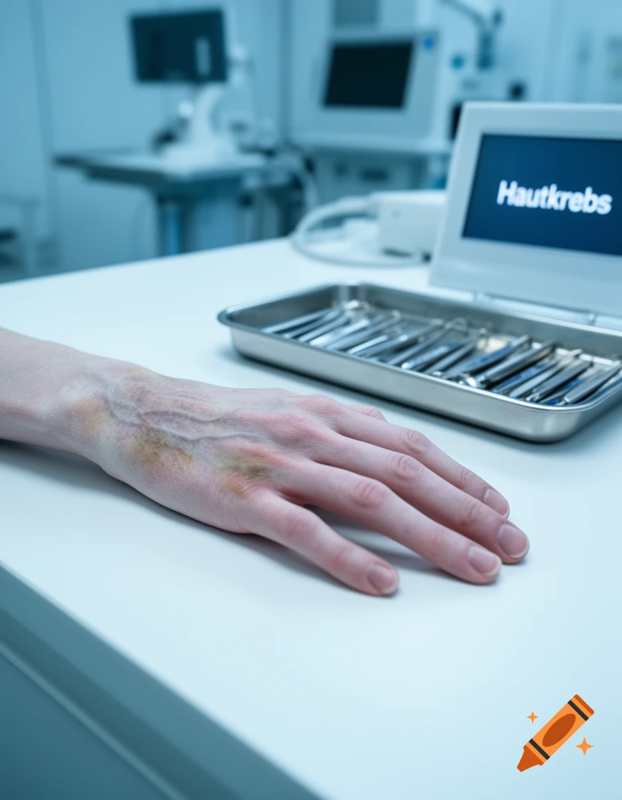 Photorealistic image of a bruised human hand in a medical setting with surgical tools and a monitor displaying 'Hautkrebs'.