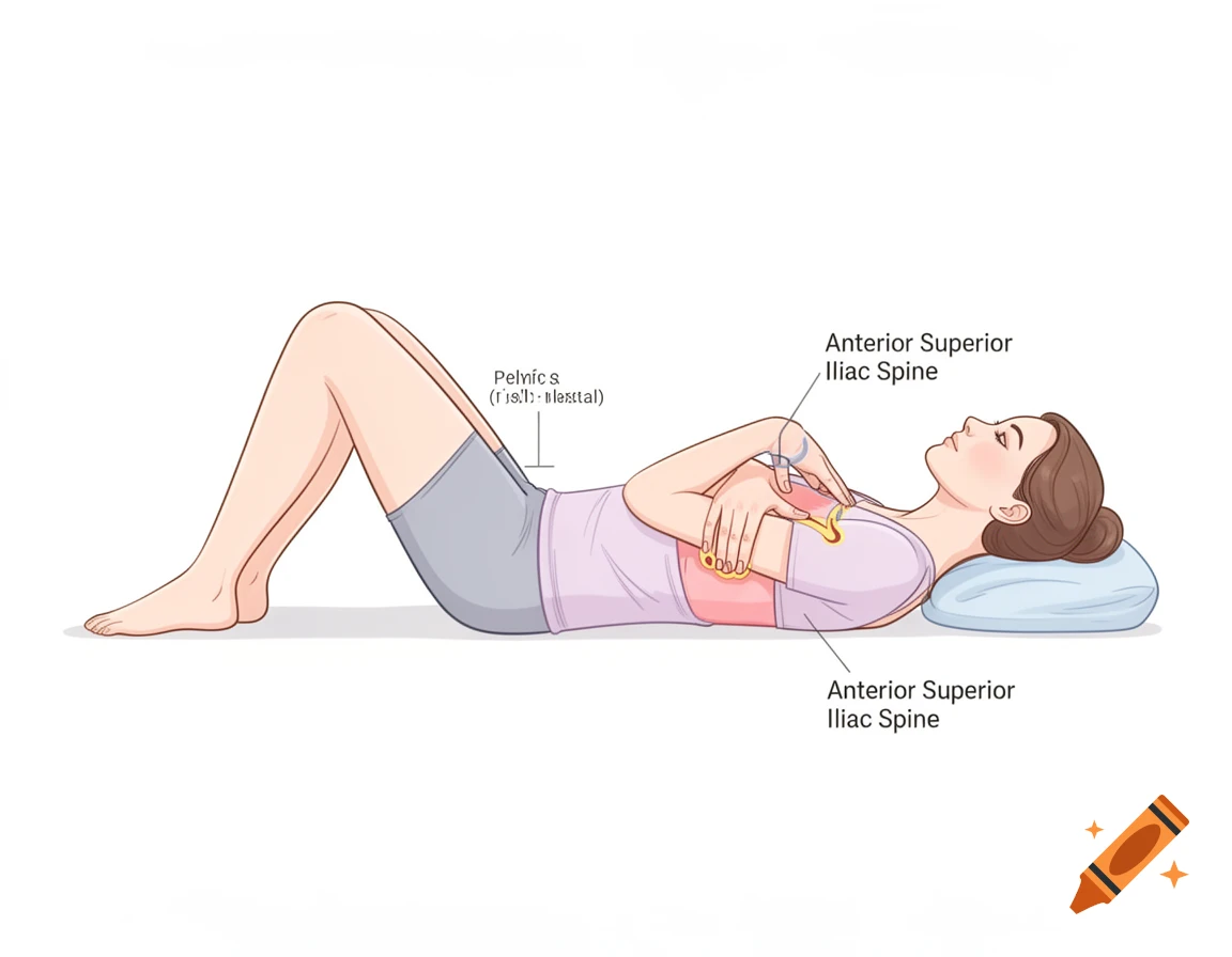 A stylized anatomical diagram illustration of a woman lying on her back with knees bent, demonstrating a pelvic self-check by touching her anterior superior iliac spine with both hands.