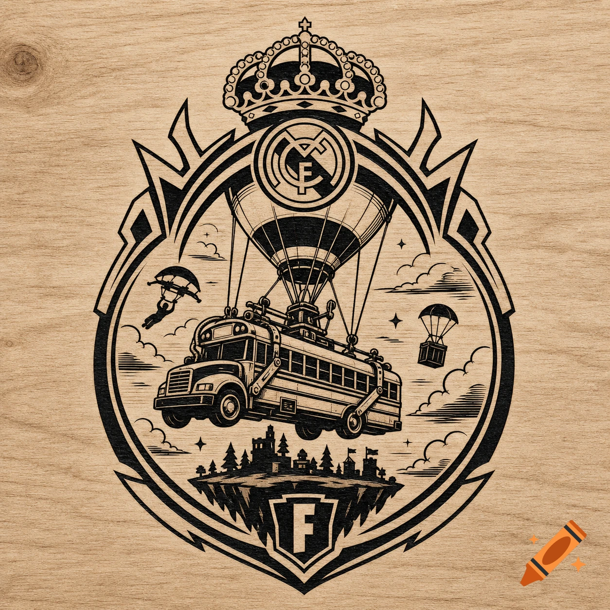 Black and white emblem etched on wood, featuring a Fortnite battle bus hot air balloon, floating island, parachuters, and Real Madrid and Fortnite logos.