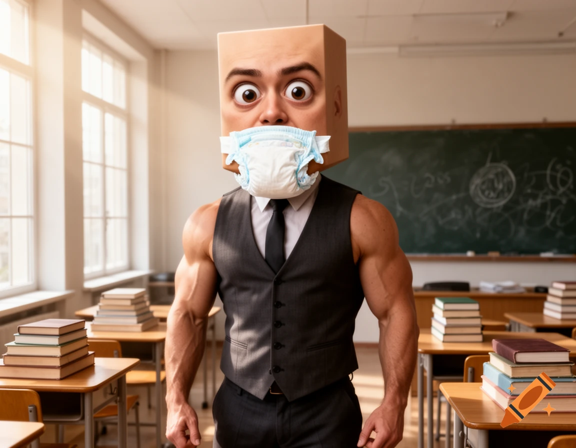Muscular man with a cube head, bulging eyes, and a diaper as a gag stands in a sunlit classroom.