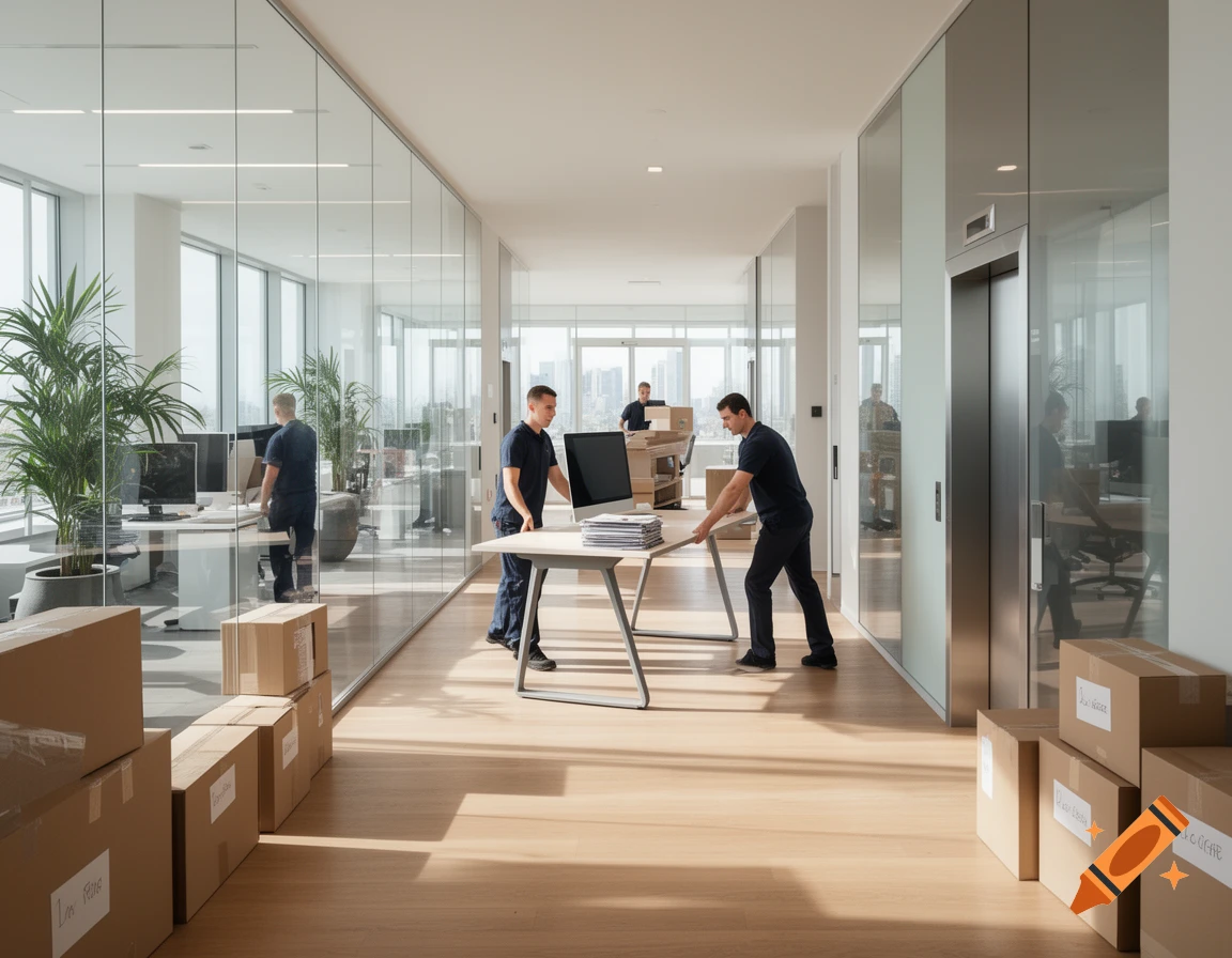 Men moving boxes and furniture in a bright, modern office with glass walls and a city view, photorealistic.