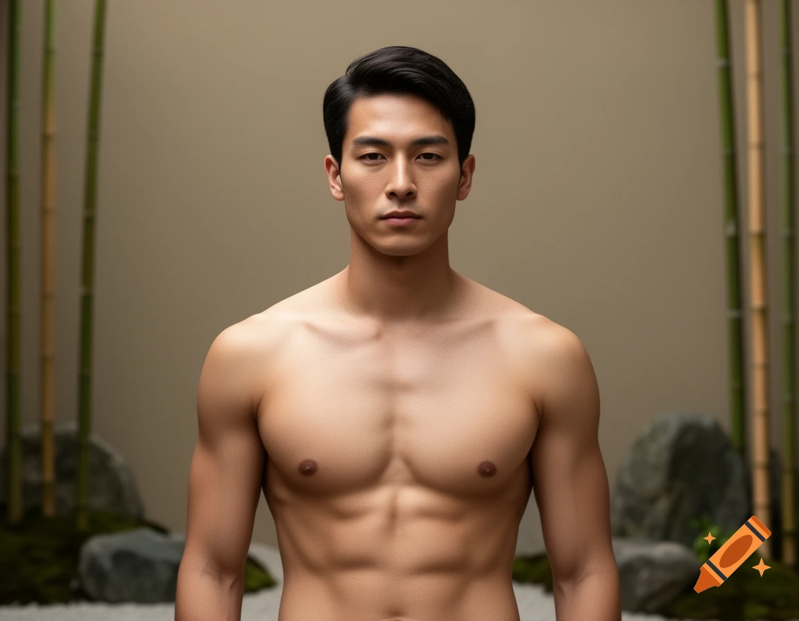 Photorealistic portrait of a shirtless East Asian man with dark hair, looking at the camera against a plain wall with bamboo and rocks.