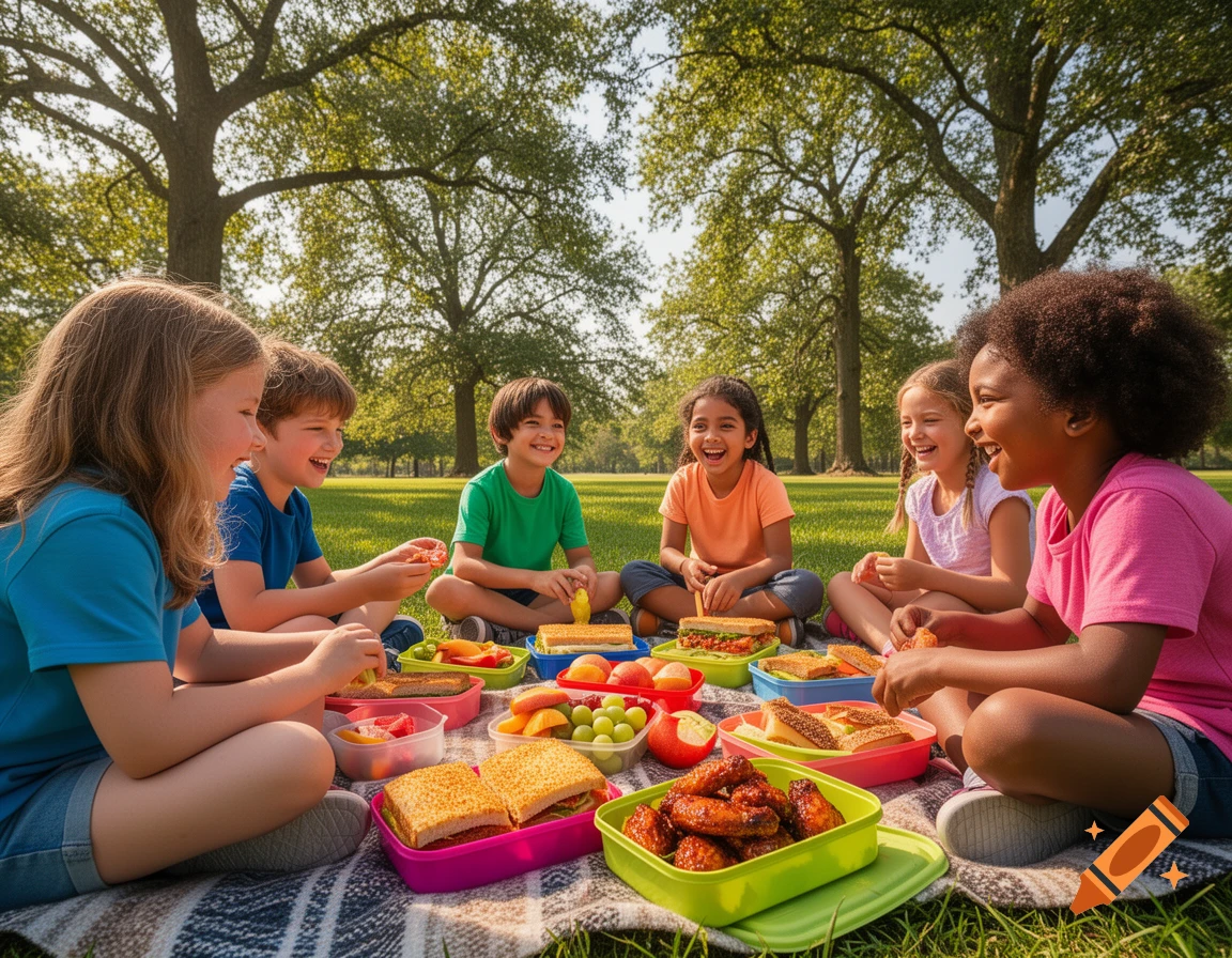 Diverse children happily share sandwiches, chicken wings, and fruit from lunchboxes on a picnic blanket in a sunny park.