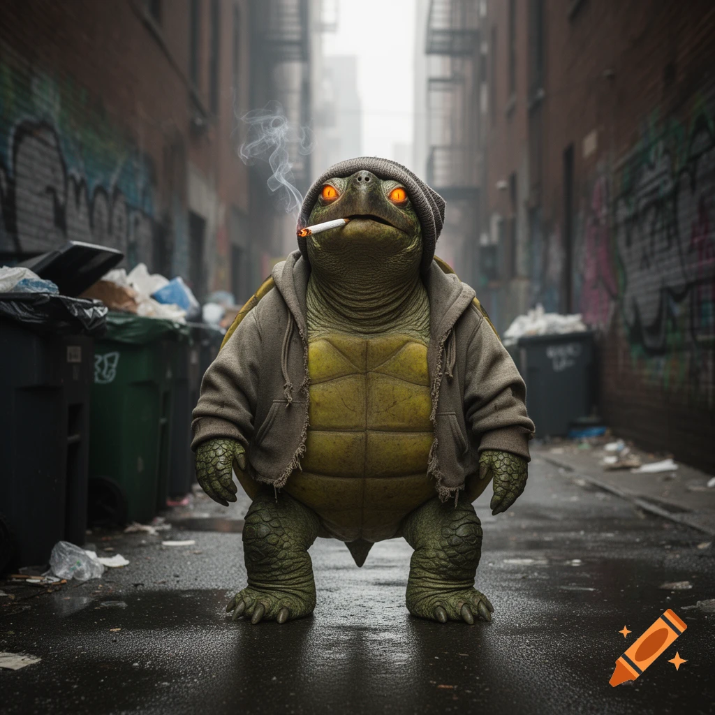 A photorealistic turtle wearing a grey hoodie and beanie stands in a dirty alley, smoking a cigarette with glowing orange eyes.