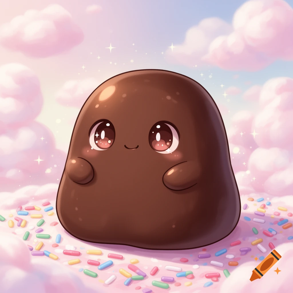A cute, shiny chocolate blob character with big sparkling eyes sits on colorful sprinkles among pink clouds.
