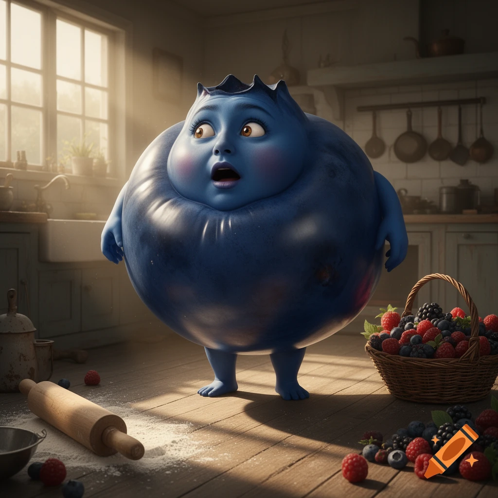 A photorealistic 3D render of a surprised, inflated blueberry character standing in a kitchen amidst baking supplies and berries.