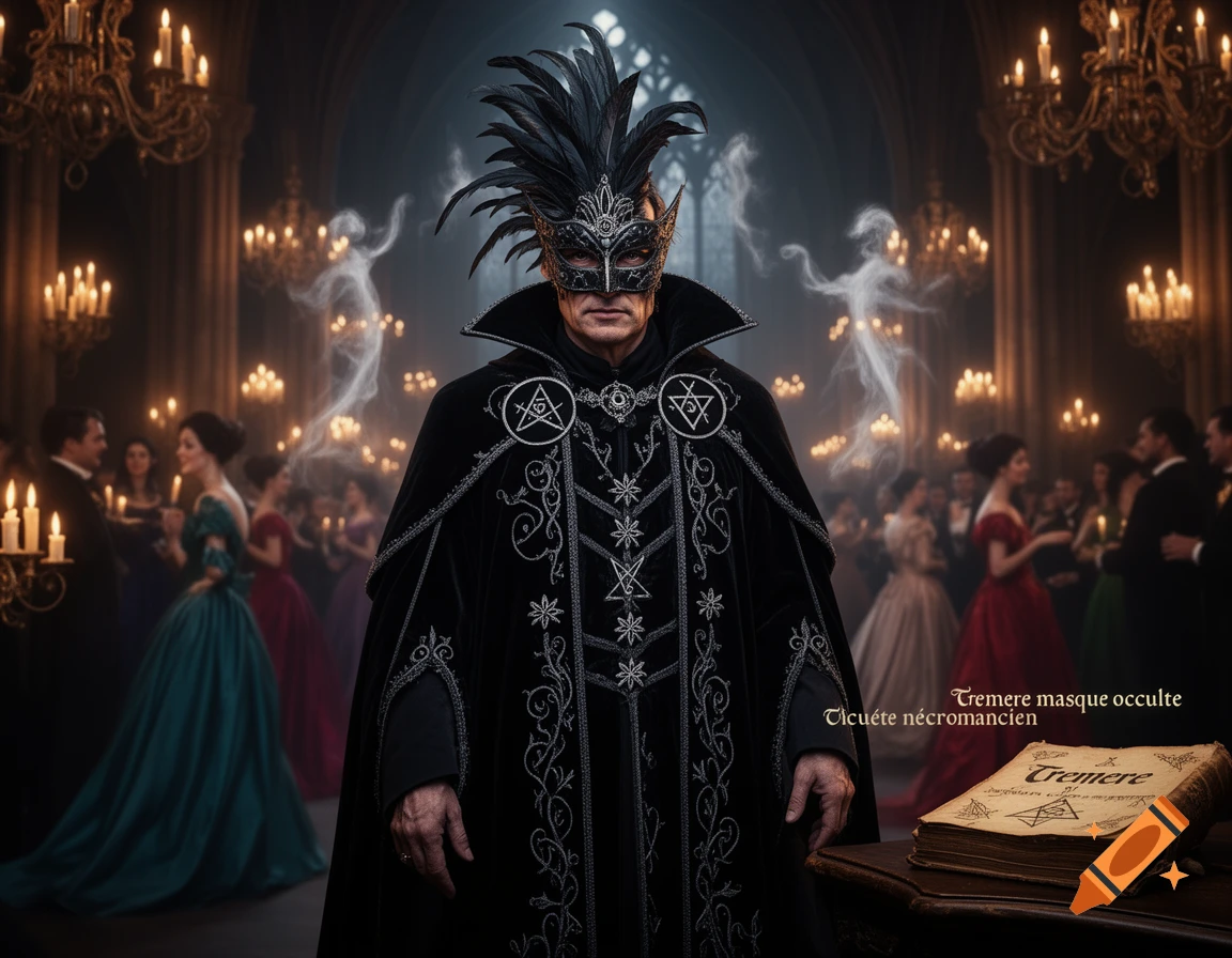 A man in an ornate feathered mask and black, embroidered cloak stands in a gothic hall during a masquerade, surrounded by chandeliers, masked guests, and ethereal figures, with an old book on a table beside him.