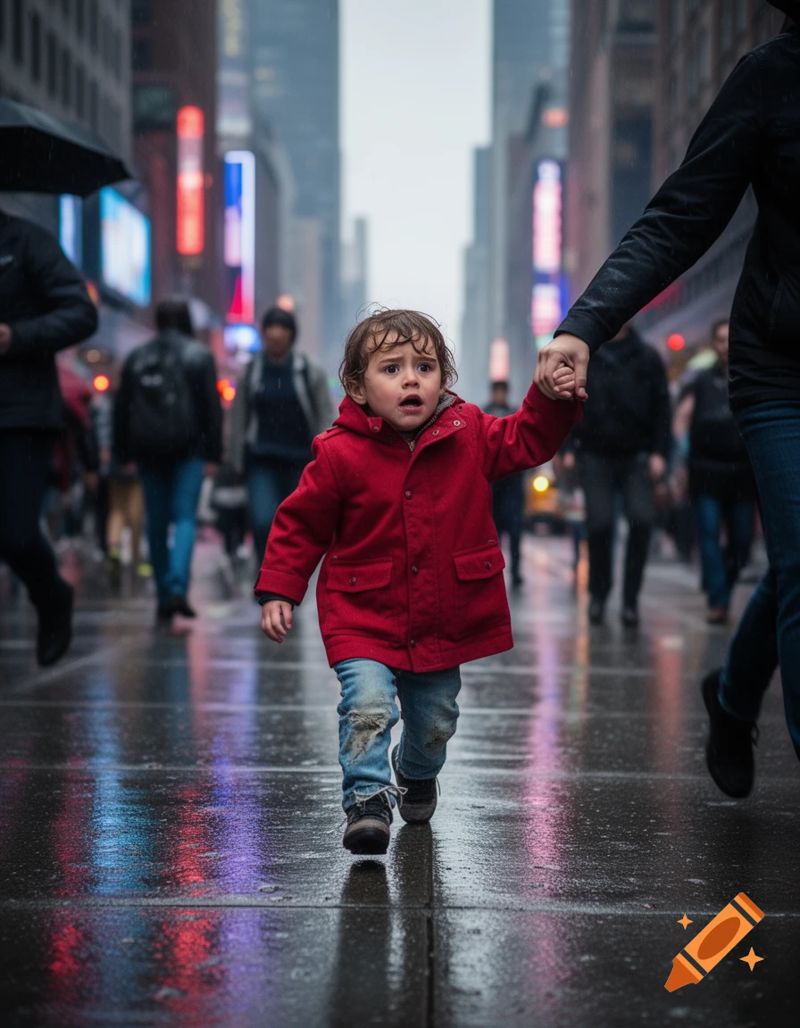 A wide-eyed child in a red coat holds an adult's hand, walking on a wet city street with blurred buildings in the rain.