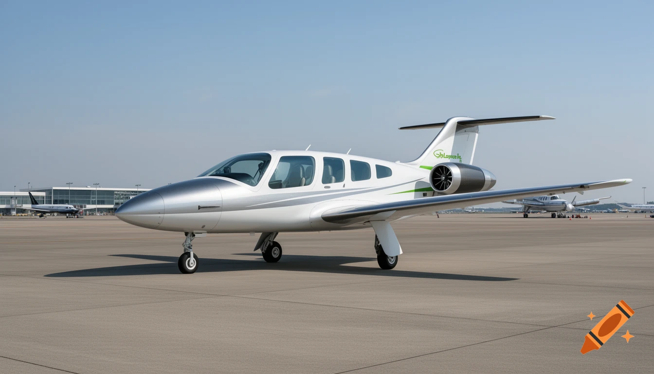A sleek white and silver private jet with green accents parked on an airport apron under a clear blue sky.