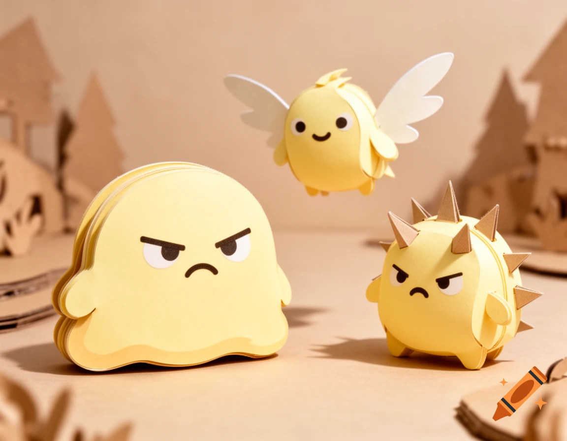 Three whimsical yellow papercraft creatures: an angry blob, a happy winged creature, and an angry spiked one, in a cardboard forest diorama.