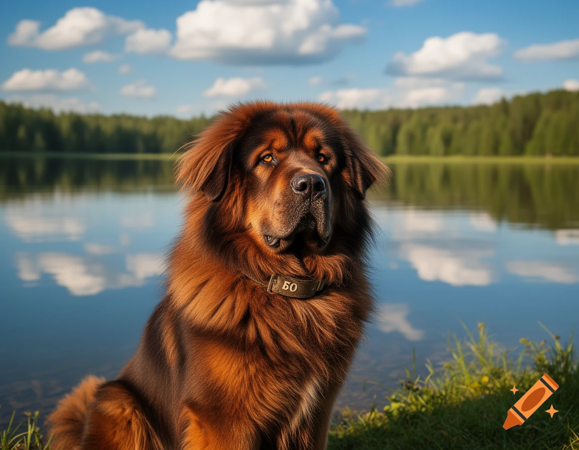 A large, fluffy brown dog with a collar sits by a serene lake reflecting clouds and a forest under a blue sky.