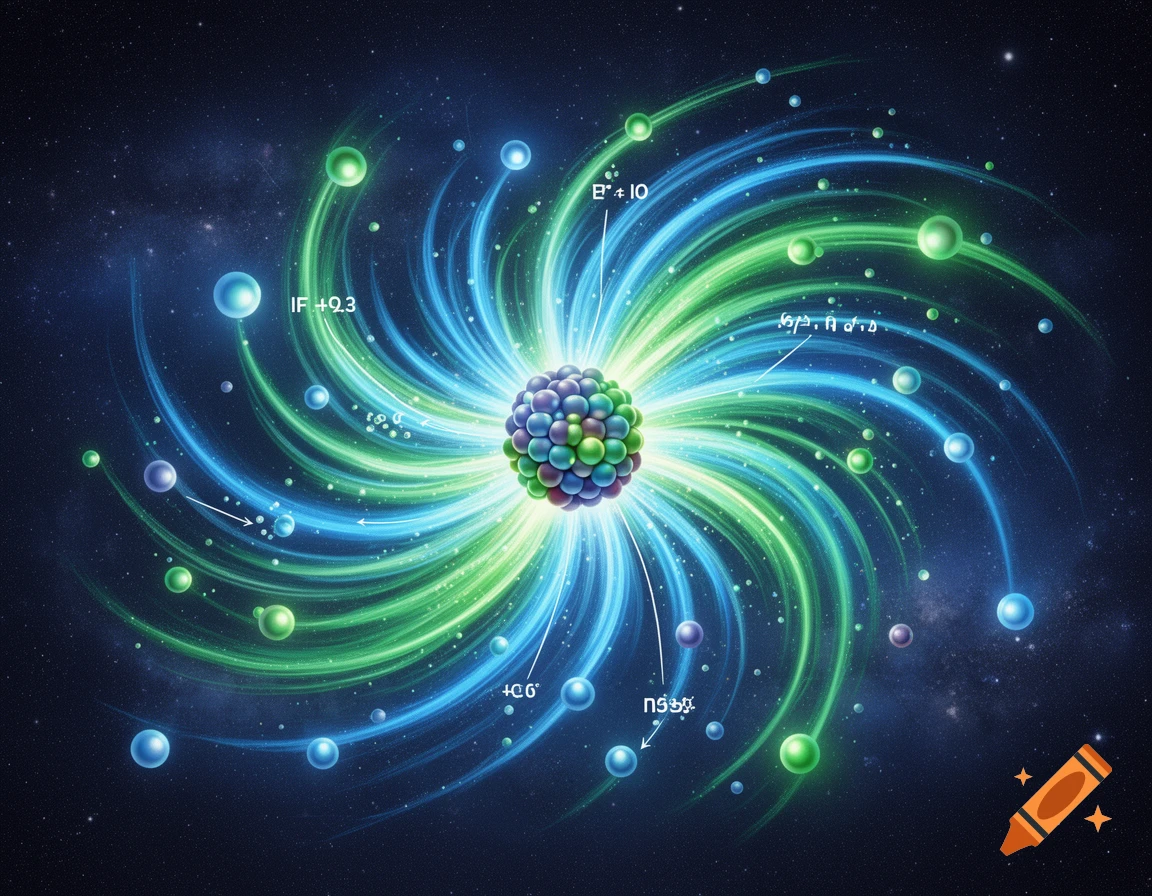 A vibrant illustration of an atomic nucleus at the center, emitting blue and green swirling energy trails and particles into space.