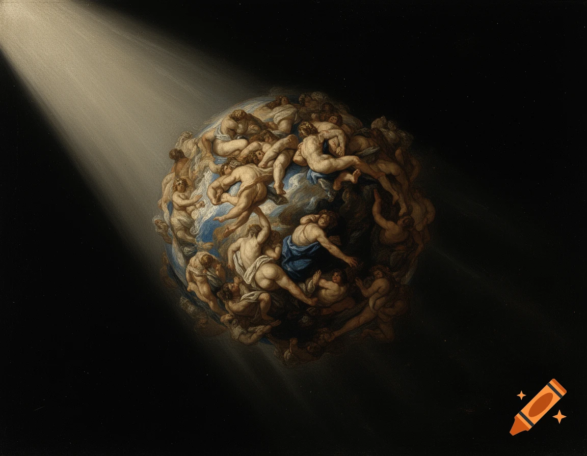 A sphere of intertwined nude and draped figures floats in darkness, illuminated by a strong light beam from the upper left, in Rubens' style.