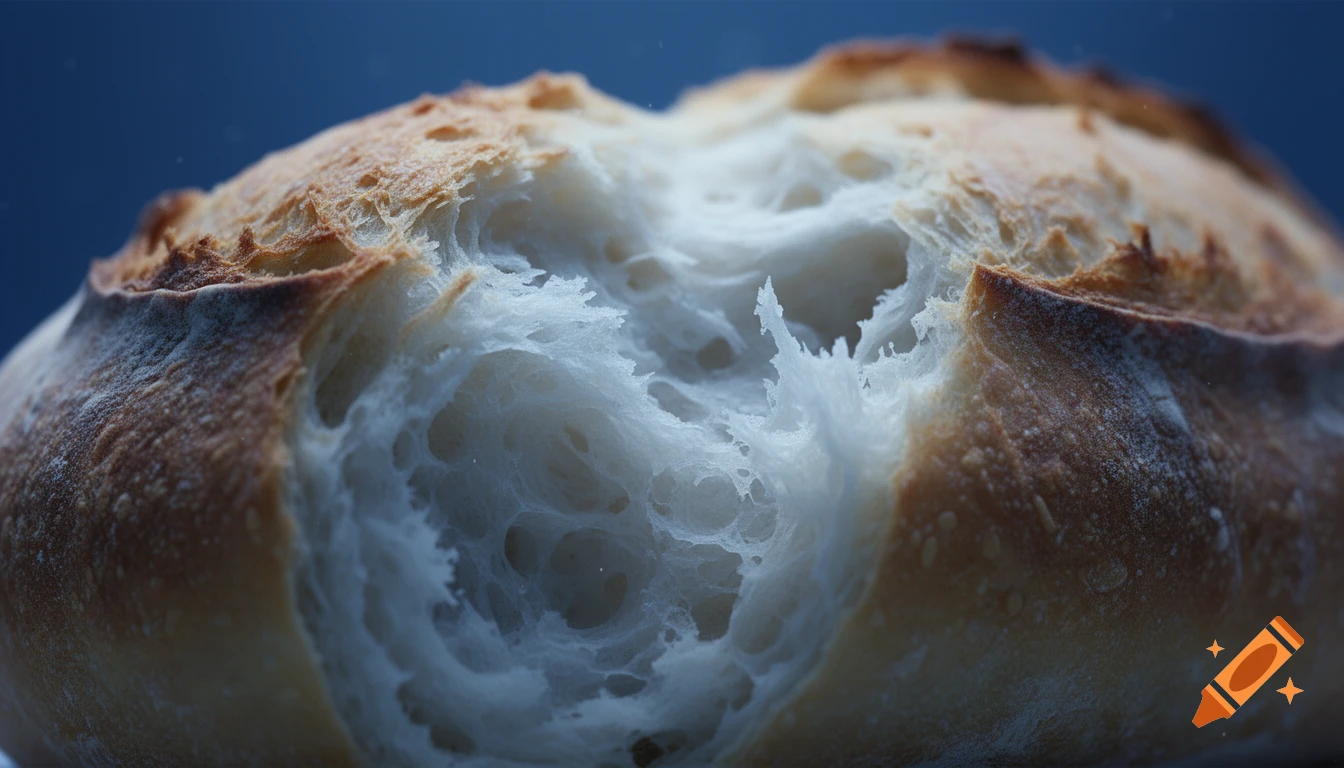 Macro close-up of soft sourdough bread torn open, revealing its textured interior, under blue lighting.