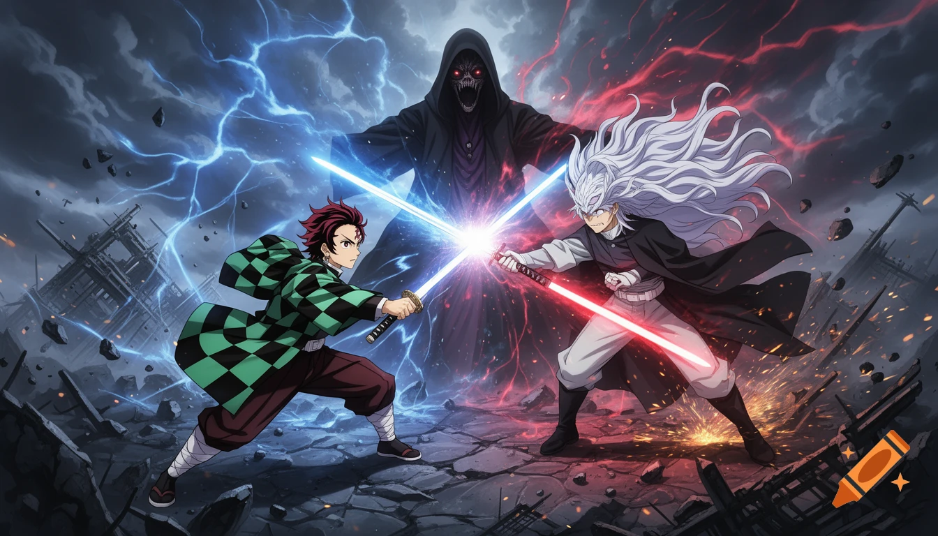 Anime characters in a dramatic lightsaber battle against a hooded figure amidst a stormy, ruined landscape.