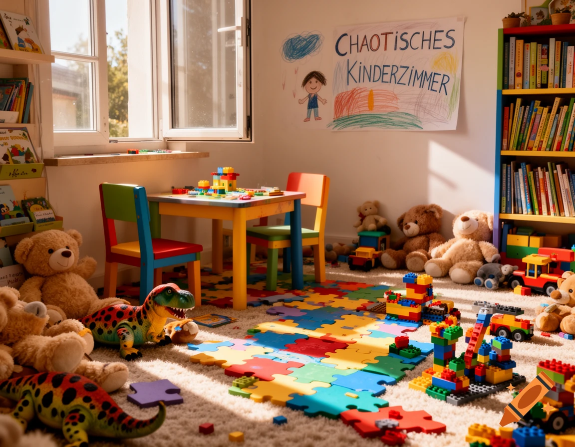 A brightly lit, messy children's room filled with colorful toys, a small table with chairs, a bookshelf, and a poster on the wall.