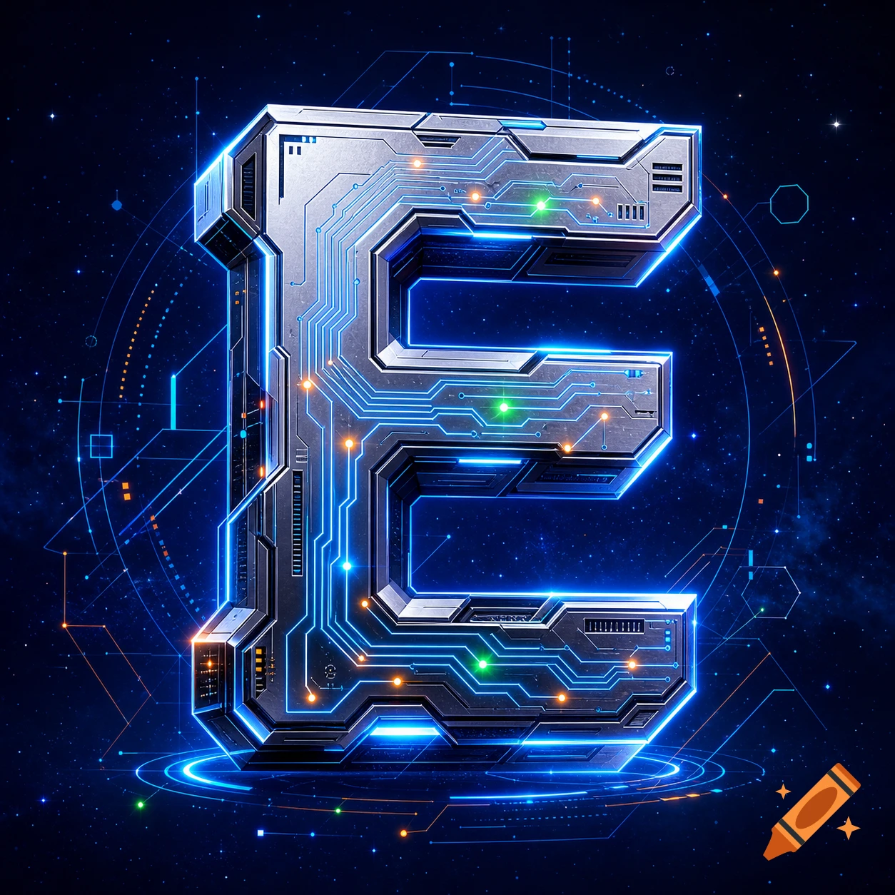 A futuristic, metallic letter E styled as a circuit board with glowing blue lines, set against a dark blue cosmic background with network patterns.